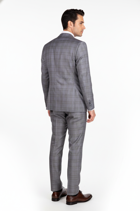 Mens 2 Button Vested Peak Lapel Plaid Suit in Grey