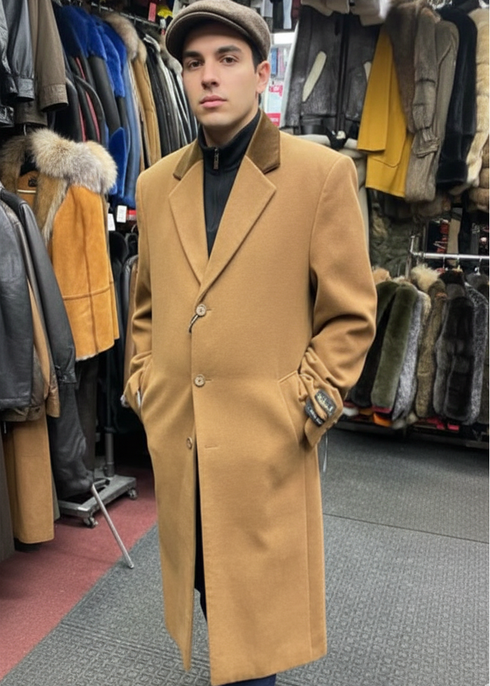 Chesterfield Camel Overcoat With Brown Velvet Collar - Cashmere Blend Topcoat - Full Length Overcoat - Image 8
