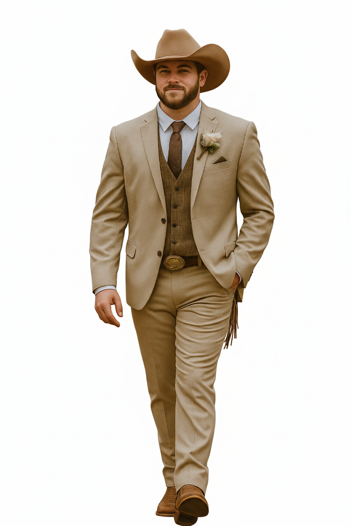 Stylish Cowboy Wedding Suit for Men – Rustic Old Western Elegance - Traje Para Hombre Tan with Brown Vest Color