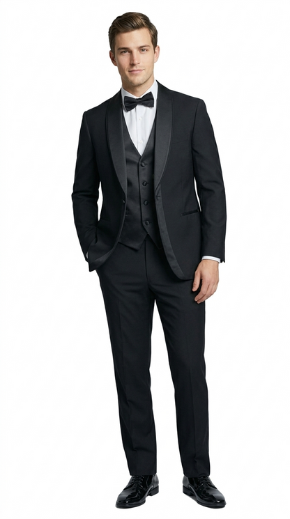 Men's Black Double Shawl Lapel Tuxedo with Satin Trim for Wedding & Prom