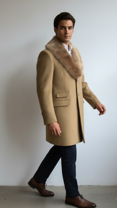 Men's Camel Three Button  Full Length Overcoat Men's Carcoat - Car Coat Mid Length Three quarter length coat