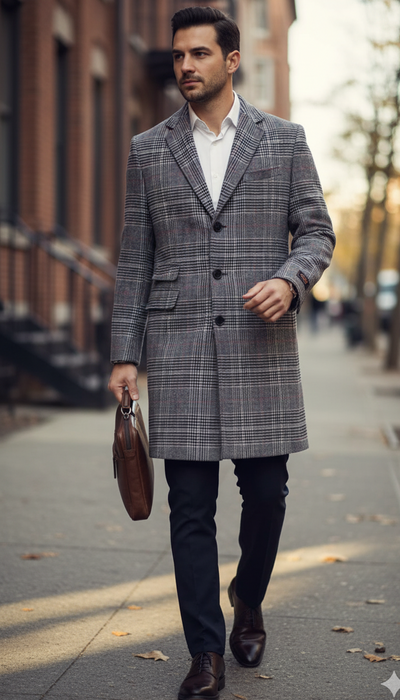 Mens Plaid Overcoat - Checkered Carcoat - 100% Wool Three Quarter Peacoat