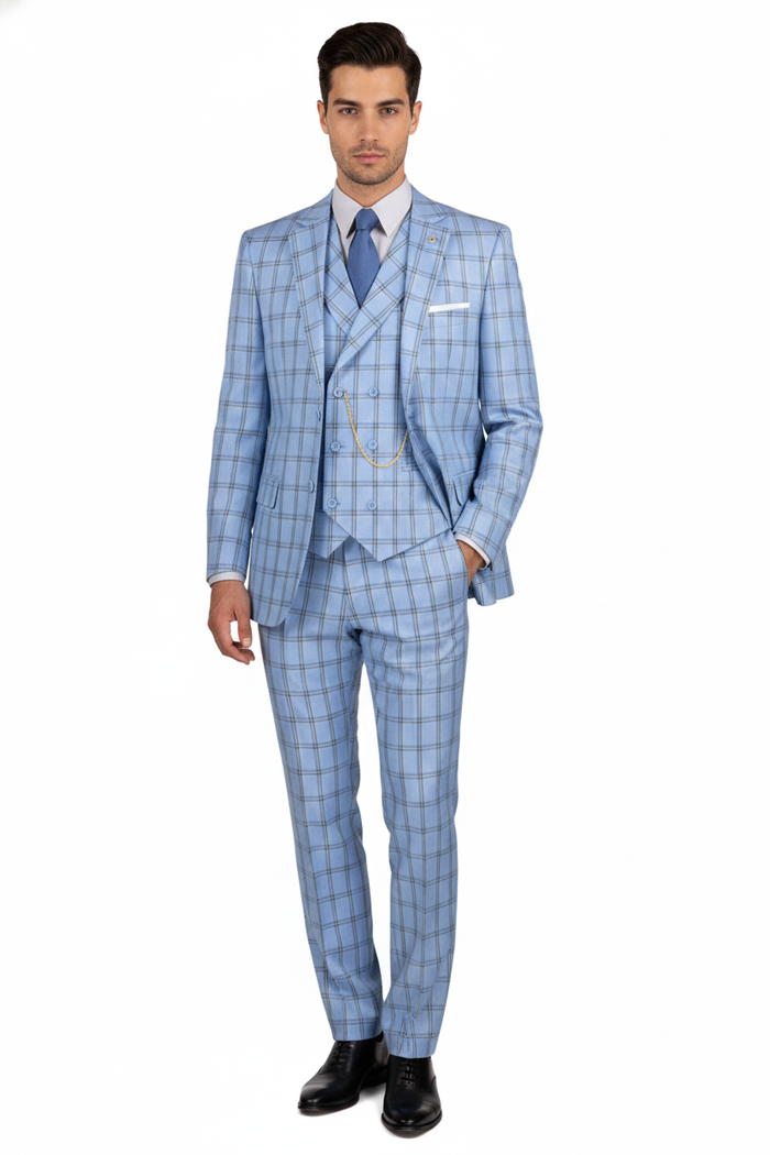 Lazio Collection - Modern Fit Windowpane Suit 3 Piece in Light Blue - Image 3