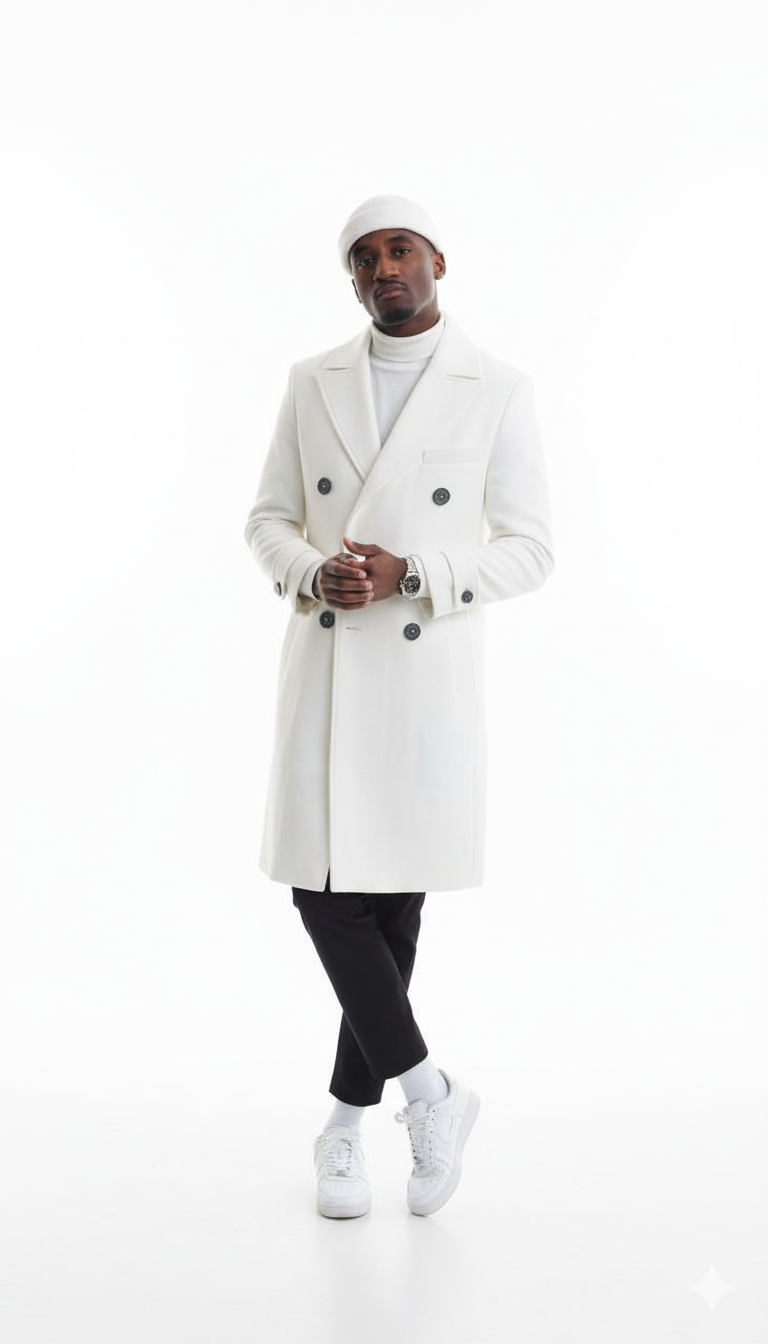 Mens Cashmere & Wool White Double Breasted Overcoat ~ Car Coat - Image 6