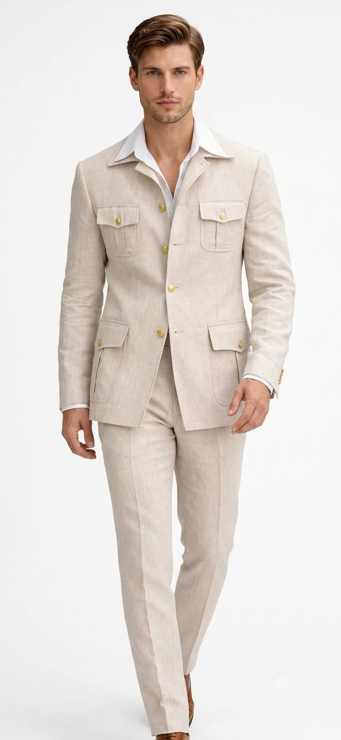 Mens Tan Beige Safari Military Walking Suit Set – Casual Two Piece Outfit Lightweight Summer Blazer and Pants Set Classic Casual Wear