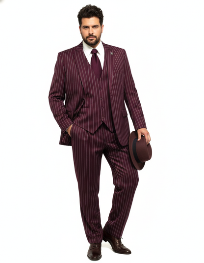 Men's Gangster Bold PinStripe Stripe Chalk Pinstripe Vested 3 Piece Fashion Suits 1920;s 30s Fashion in 10 Colors Collection For August/1/2021 - Image 2