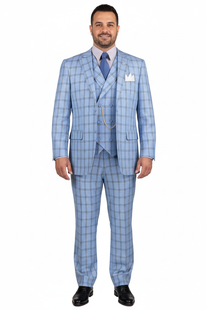 Lazio Collection - Modern Fit Windowpane Suit 3 Piece in Light Blue - Image 11
