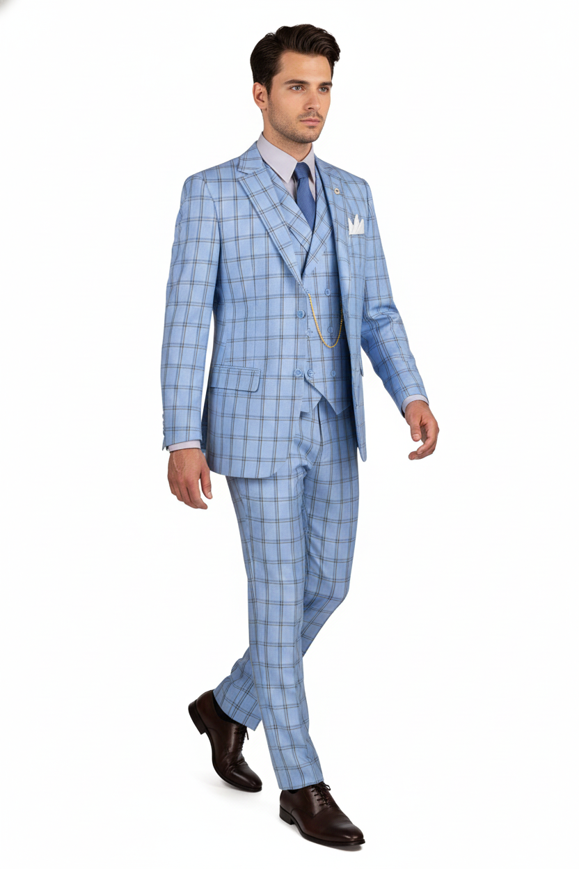 Lazio Collection - Modern Fit Windowpane Suit 3 Piece in Light Blue - Image 4