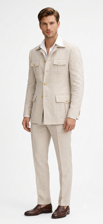 Mens Tan Beige Safari Military Walking Suit Set – Casual Two Piece Outfit Lightweight Summer Blazer and Pants Set Classic Casual Wear
