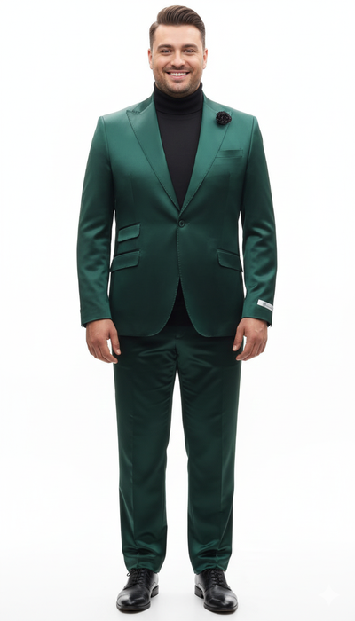 Mens Single Breast Suit Green - Sateen Shiny Fabric Metallic Fabric - Sharskin
