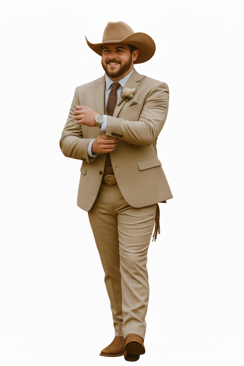 Stylish Cowboy Wedding Suit for Men – Rustic Old Western Elegance - Traje Para Hombre Tan with Brown Vest Color