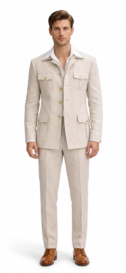 Mens Tan Beige Safari Military Walking Suit Set – Casual Two Piece Outfit Lightweight Summer Blazer and Pants Set Classic Casual Wear