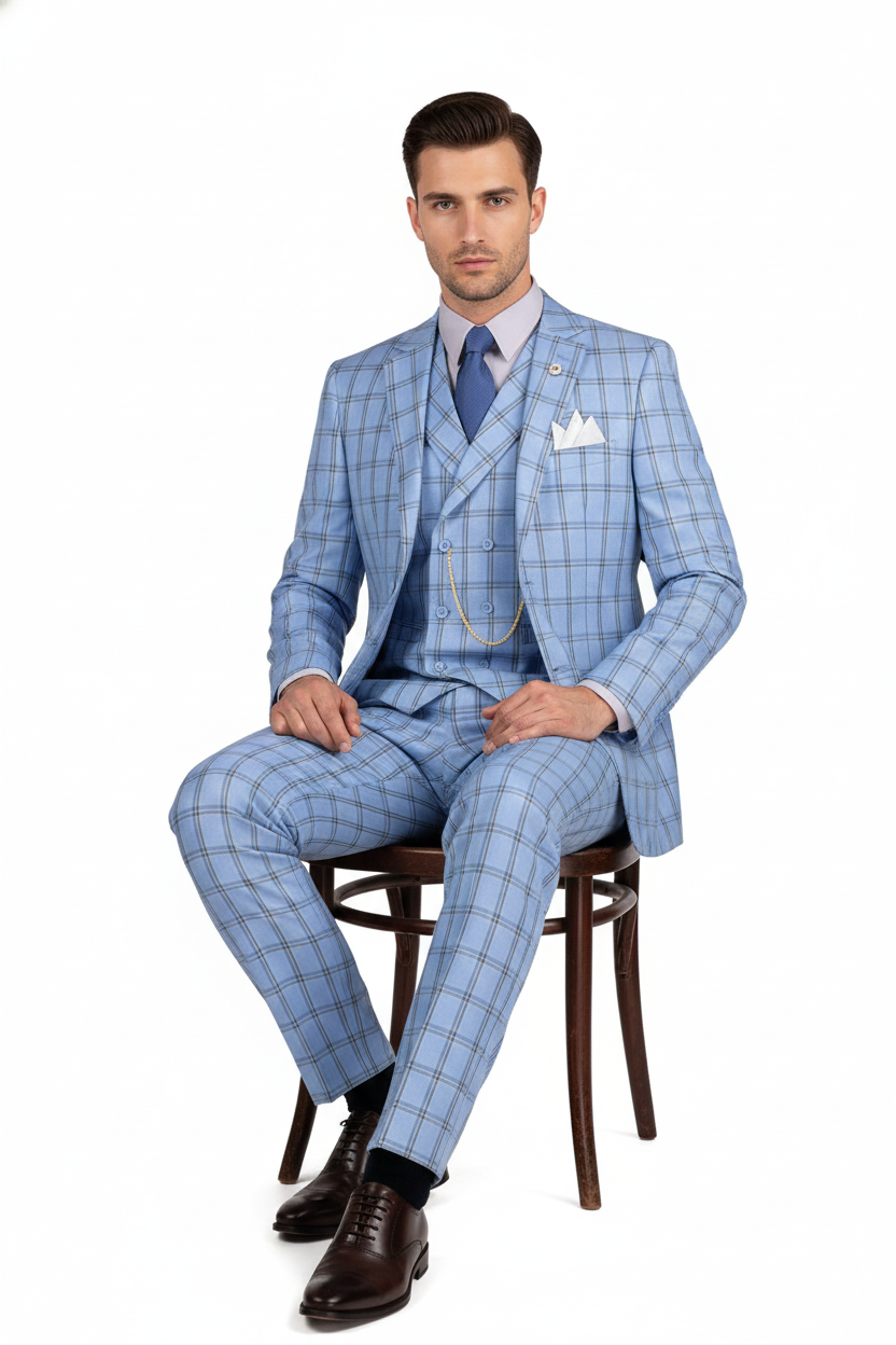 Lazio Collection - Modern Fit Windowpane Suit 3 Piece in Light Blue - Image 5