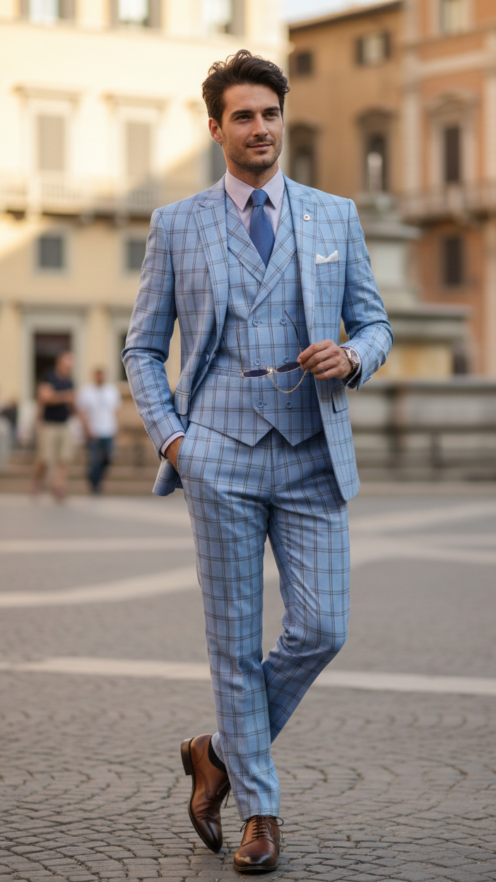 Lazio Collection - Modern Fit Windowpane Suit 3 Piece in Light Blue - Image 6
