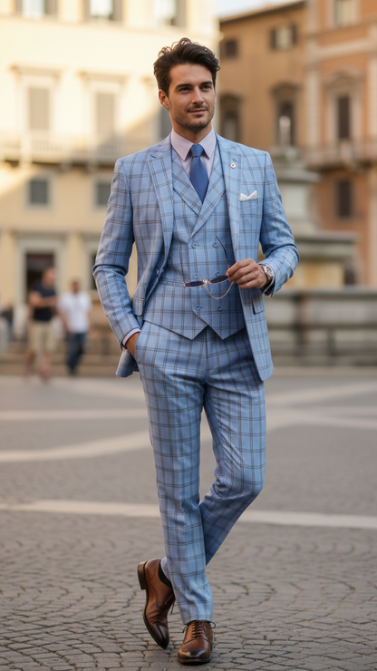 Lazio Collection - Modern Fit Windowpane Suit 3 Piece in Light Blue - Image 6