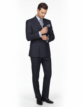 High Quality Dark Navy Blue Suit For Men & Chalk Bold White Pinstripe Double Breasted  100% Poly-Ray Suit - Image 4