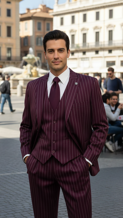 Men's Gangster Bold PinStripe Stripes Chalk Pinstripe Vested 3 Piece Fashion Suit 1920;s 30s Fashion in 10 Colors Collection For August/1/2021