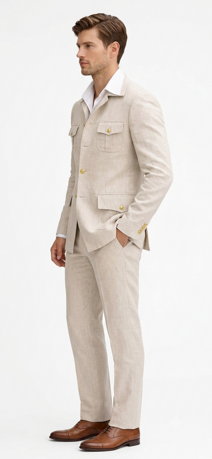 Mens Tan Beige Safari Military Walking Suit Set – Casual Two Piece Outfit Lightweight Summer Blazer and Pants Set Classic Casual Wear