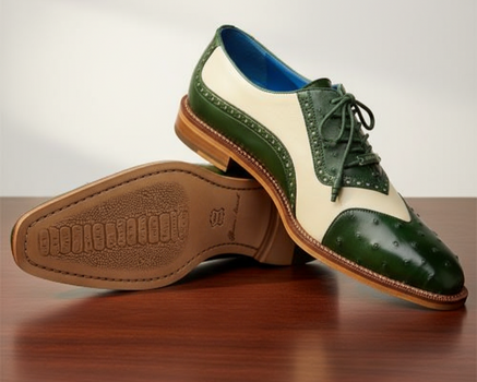 Belvedere Sesto Forest Green & Cream Genuine Ostrich Quill Italian Calf Wingtip Shoes - Image 6