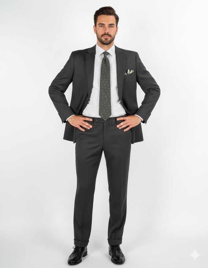 Men'S 2 Piece 100% Executive Suit - Charcoal With Silver Stripe ~ Pinstripe - 100% Percent Wool Fabric Suit - Worsted Wool Business Suit - Image 11