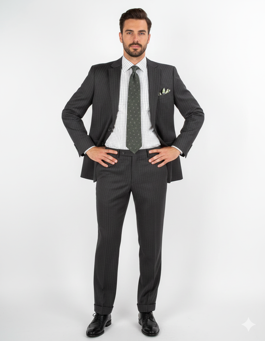 Men'S 2 Piece 100% Executive Suit - Charcoal With Silver Stripe ~ Pinstripe - 100% Percent Wool Fabric Suit - Worsted Wool Business Suit