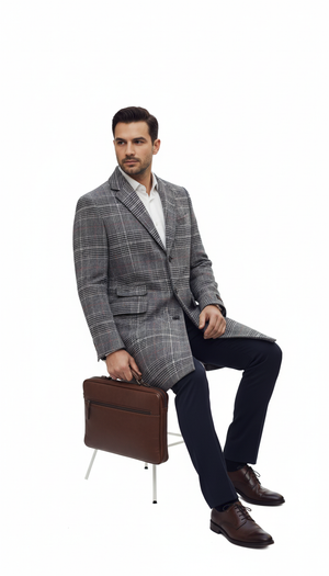 Mens Plaid Overcoat - Checkered Carcoat - 100% Wool Three Quarter Peacoat