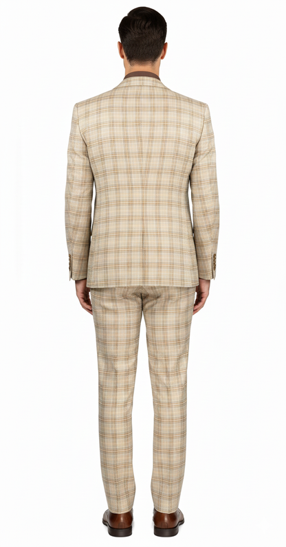 Khaki Plaid Suit - Vested Suit - 3 Piece Suits - Peak Lapel Suits - Windowpane Suit - 2 Button - Image 2