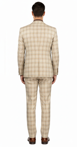 Khaki Plaid Suit - Vested Suit - 3 Piece Suits - Peak Lapel Suits - Windowpane Suit - 2 Button