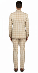 Khaki Plaid Suit - Vested Suit - 3 Piece Suits - Peak Lapel Suits - Windowpane Suit - 2 Button