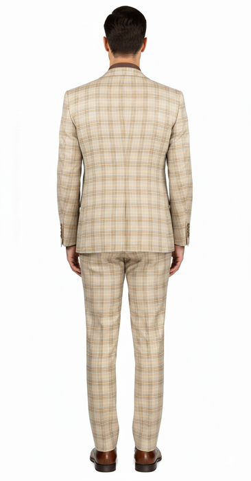 Khaki Plaid Suit - Vested Suit - 3 Piece Suits - Peak Lapel Suits - Windowpane Suit - 2 Button