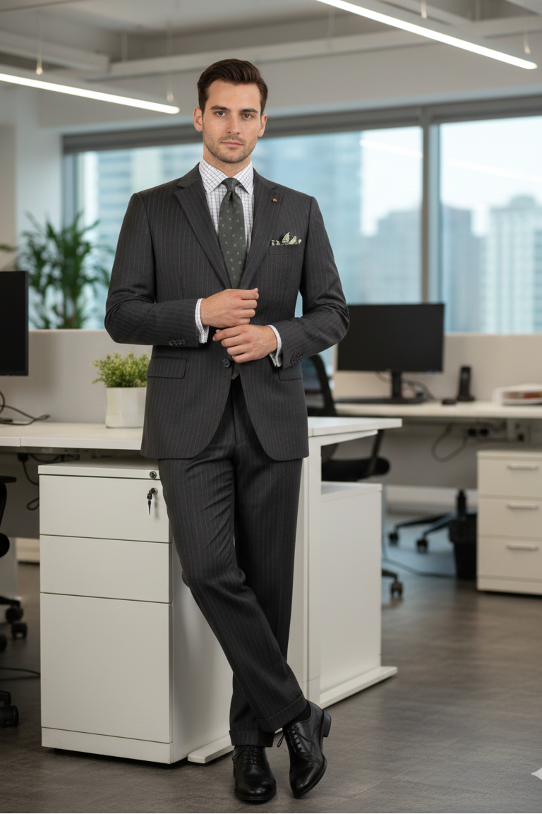 Men'S 2 Piece 100% Executive Suit - Charcoal With Silver Stripe ~ Pinstripe - 100% Percent Wool Fabric Suit - Worsted Wool Business Suit - Image 7