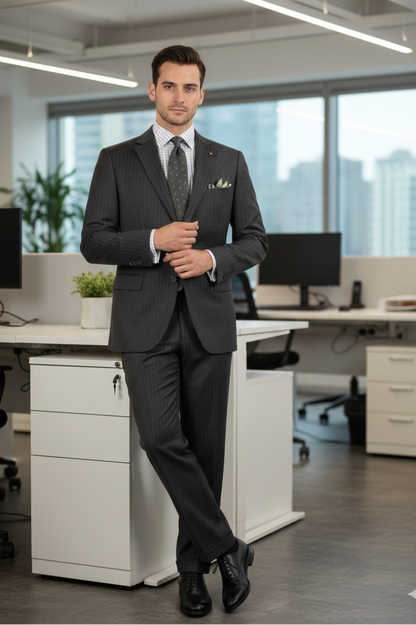 Men'S 2 Piece 100% Executive Suit - Charcoal With Silver Stripe ~ Pinstripe - 100% Percent Wool Fabric Suit - Worsted Wool Business Suit - Image 7