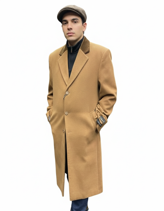 Chesterfield Camel Overcoat With Brown Velvet Collar - Cashmere Blend Topcoat - Full Length Overcoat
