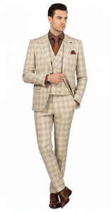 Khaki Plaid Suit - Vested Suit - 3 Piece Suits - Peak Lapel Suits - Windowpane Suit - 2 Button
