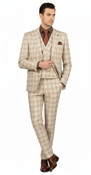 Khaki Plaid Suit - Vested Suit - 3 Piece Suits - Peak Lapel Suits - Windowpane Suit - 2 Button - Image 4