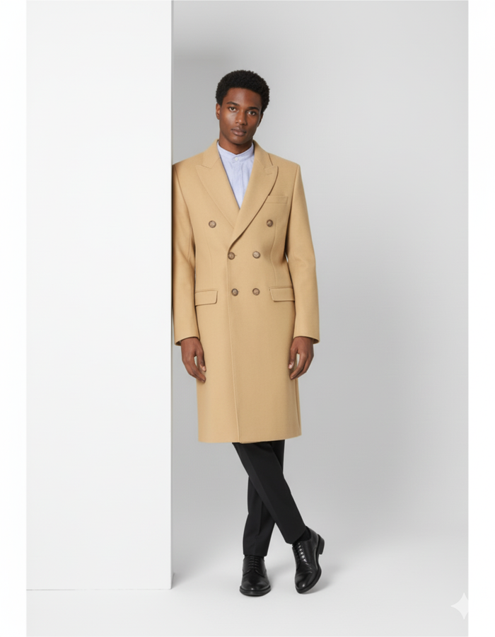 Men's Dress Coat Wool Blend Double Breasted Camel Back Vent Peak Lapel Overcoat Bronze Color Alberto Nardoni Collection - Image 2