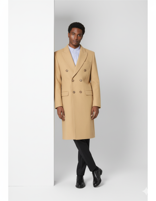 Men's Dress Coat Wool Blend Double Breasted Camel Back Vent Peak Lapel Overcoat Bronze Color Alberto Nardoni Collection