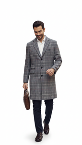 Mens Plaid Overcoat - Checkered Carcoat - 100% Wool Three Quarter Peacoat