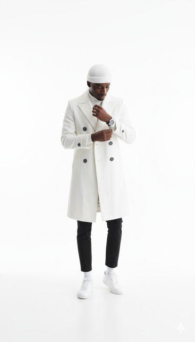 Mens Cashmere & Wool White Double Breasted Overcoat ~ Car Coat