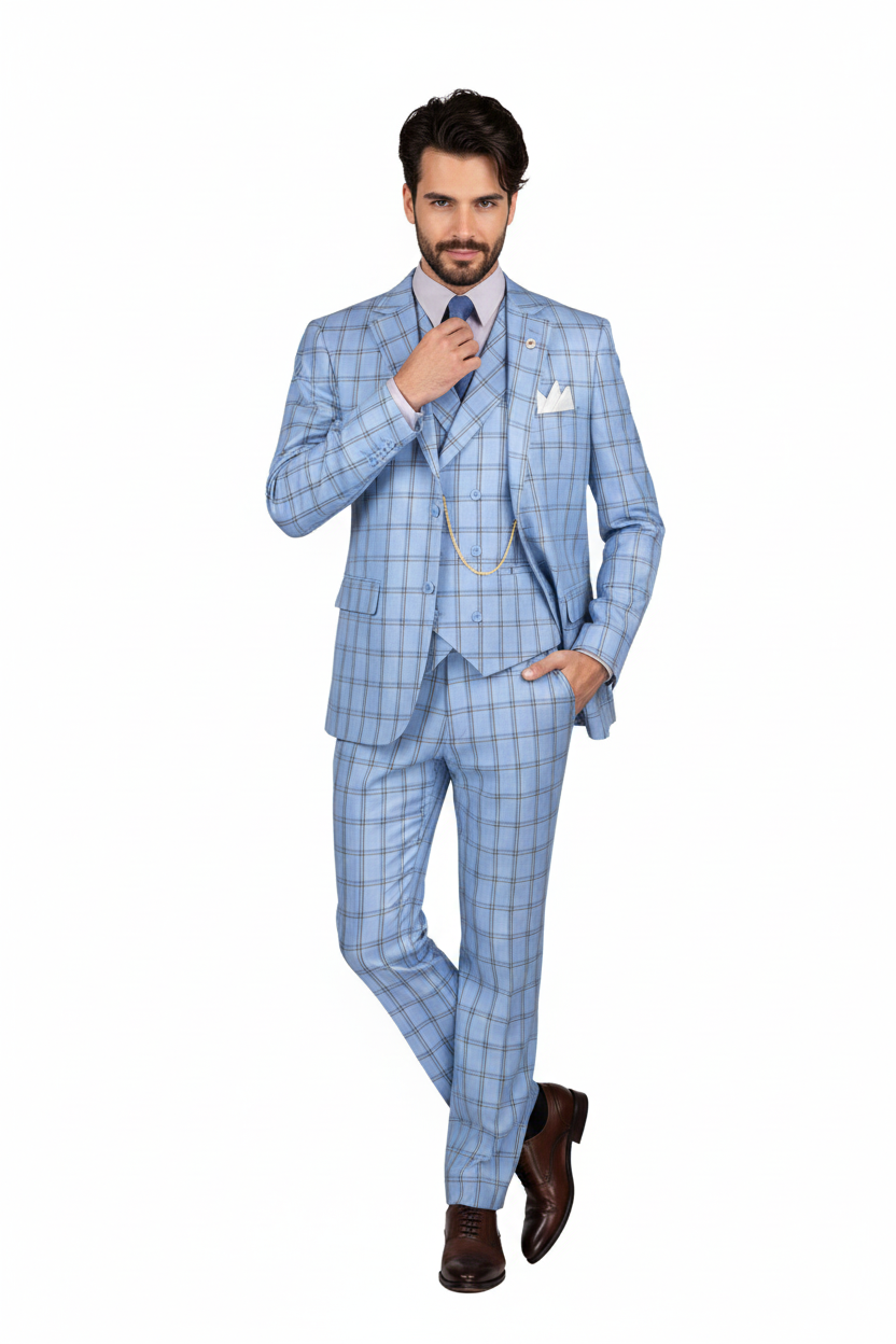 Lazio Collection - Modern Fit Windowpane Suit 3 Piece in Light Blue - Image 7