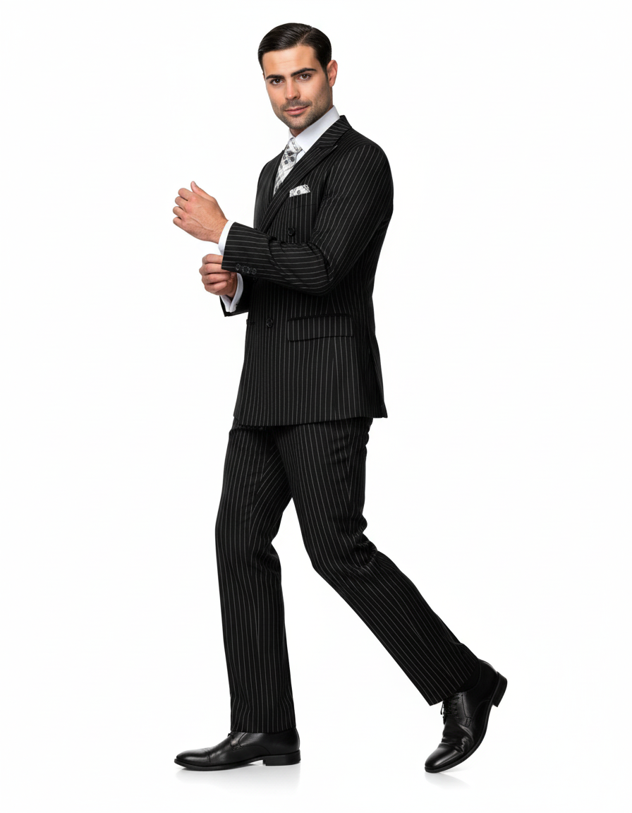 Mens Italian Wool Suit Color Black - Men's Designer Double Breasted Wool Bold Black Gangster Pinstripe Suit - Image 3