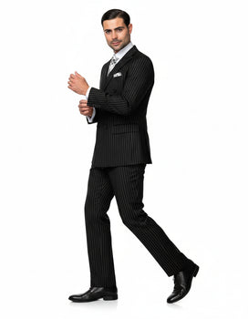 Mens Italian Wool Suit Color Black - Men's Designer Double Breasted Wool Bold Black Gangster Pinstripe Suit - Image 3