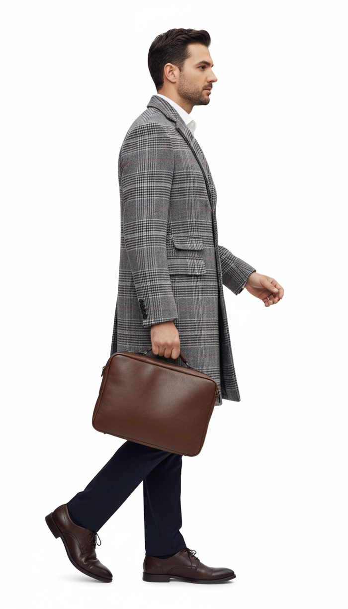 Mens Plaid Overcoat - Checkered Carcoat - 100% Wool Three Quarter Peacoat