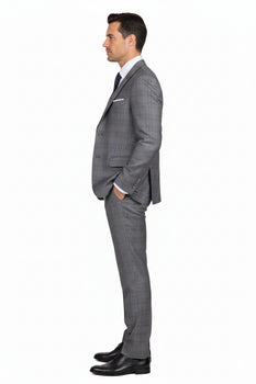Mens 2 Button Vested Peak Lapel Plaid Suit in Grey - Image 3