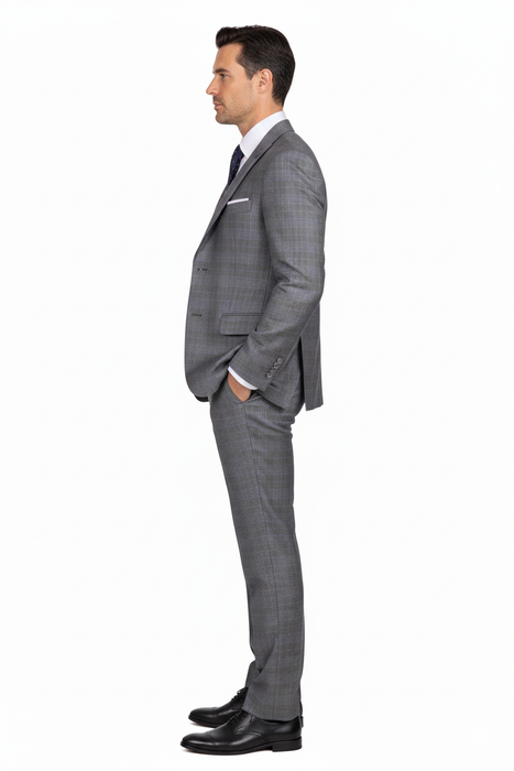 Mens 2 Button Vested Peak Lapel Plaid Suit in Grey