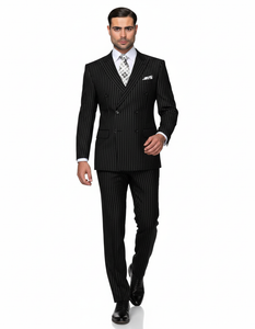 Mens Italian Wool Suit Color Black - Men's Designer Double Breasted Wool Bold Black Gangster Pinstripe Suit