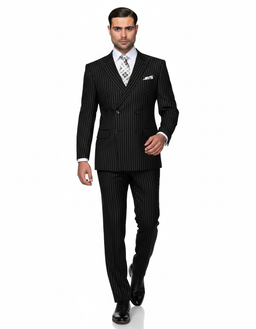 Mens Italian Wool Suit Color Black - Men's Designer Double Breasted Wool Bold Black Gangster Pinstripe Suit