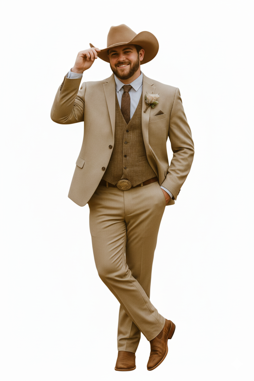 Stylish Cowboy Wedding Suit for Men – Rustic Old Western Elegance - Traje Para Hombre Tan with Brown Vest Color
