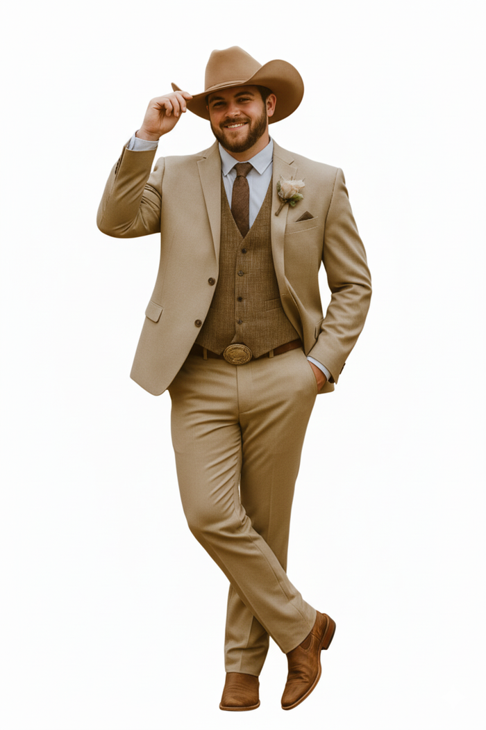 Stylish Cowboy Wedding Suit for Men – Rustic Old Western Elegance - Traje Para Hombre Tan with Brown Vest Color