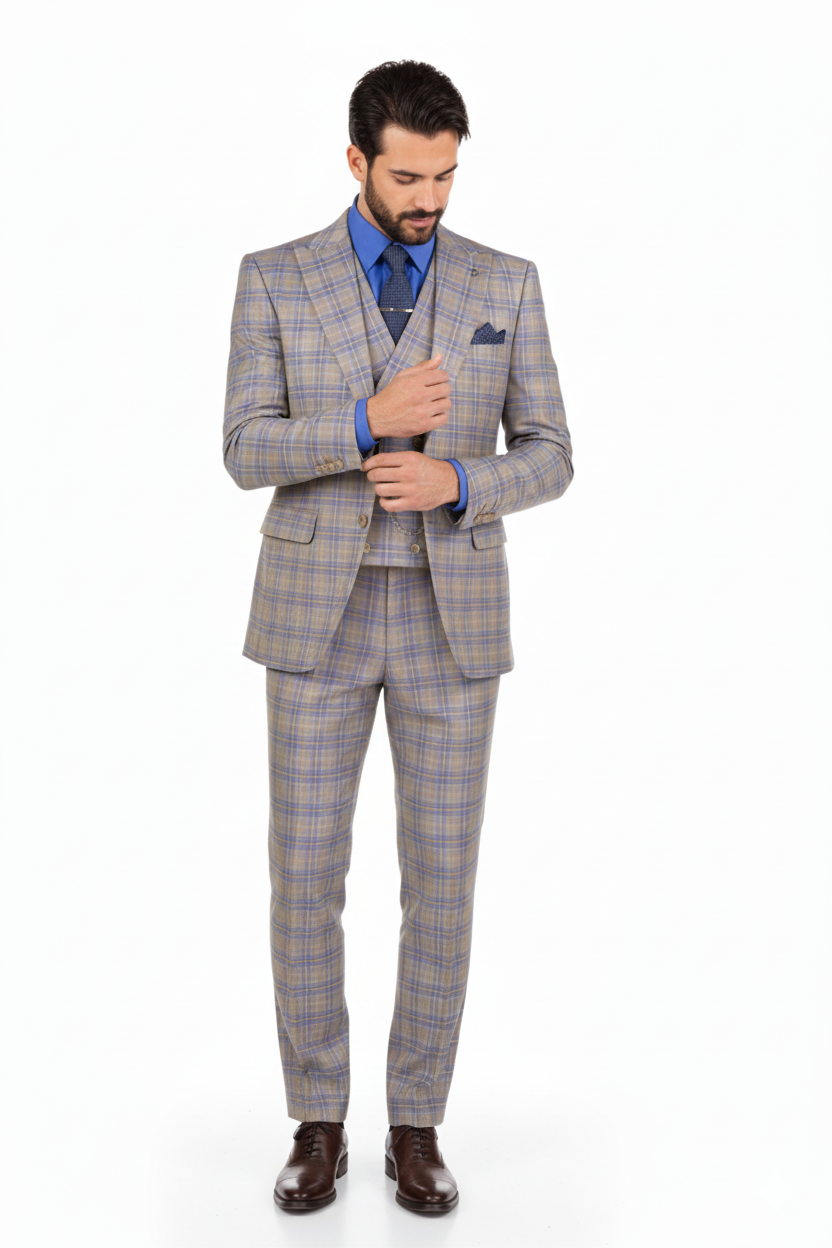 Blue Modern Fit Windowpane Peak Lapel 3 Piece Suit - Image 3